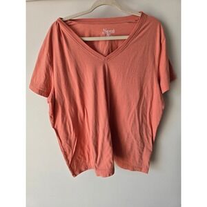 Natural Reflections Womens 1X/1T Coral Pink V-Neck Short Sleeve Tee Shirt Cotton